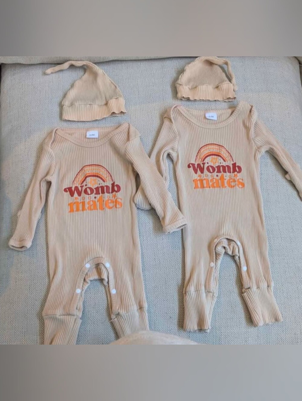 Twin "'Womb Mates" Beige Ribbed Kids One-Piece with Rainbow Graphic Size 0-3 Mo